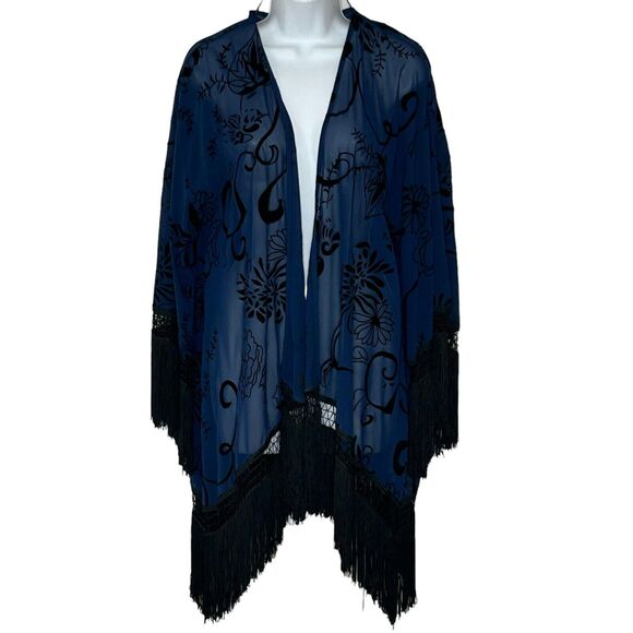 ASTR Kimono Size S Navy Blue Black Velvet Flocked Floral Longline Open Fringe - Picture 1 of 10